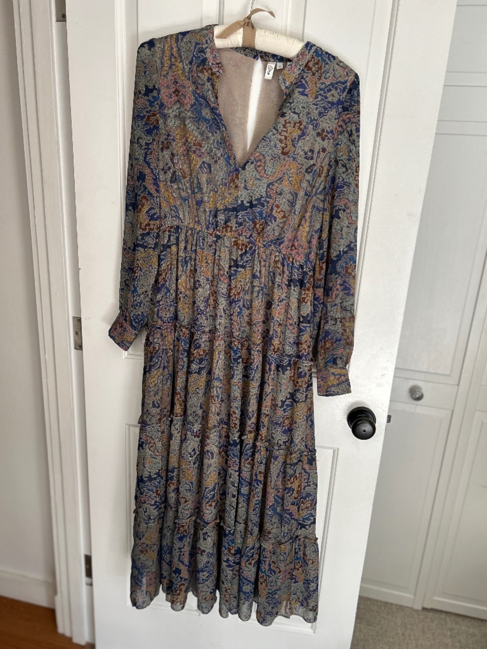Elan Boho Western Sheer Lined long sleeve tiered Maxi Dress - Size Medium